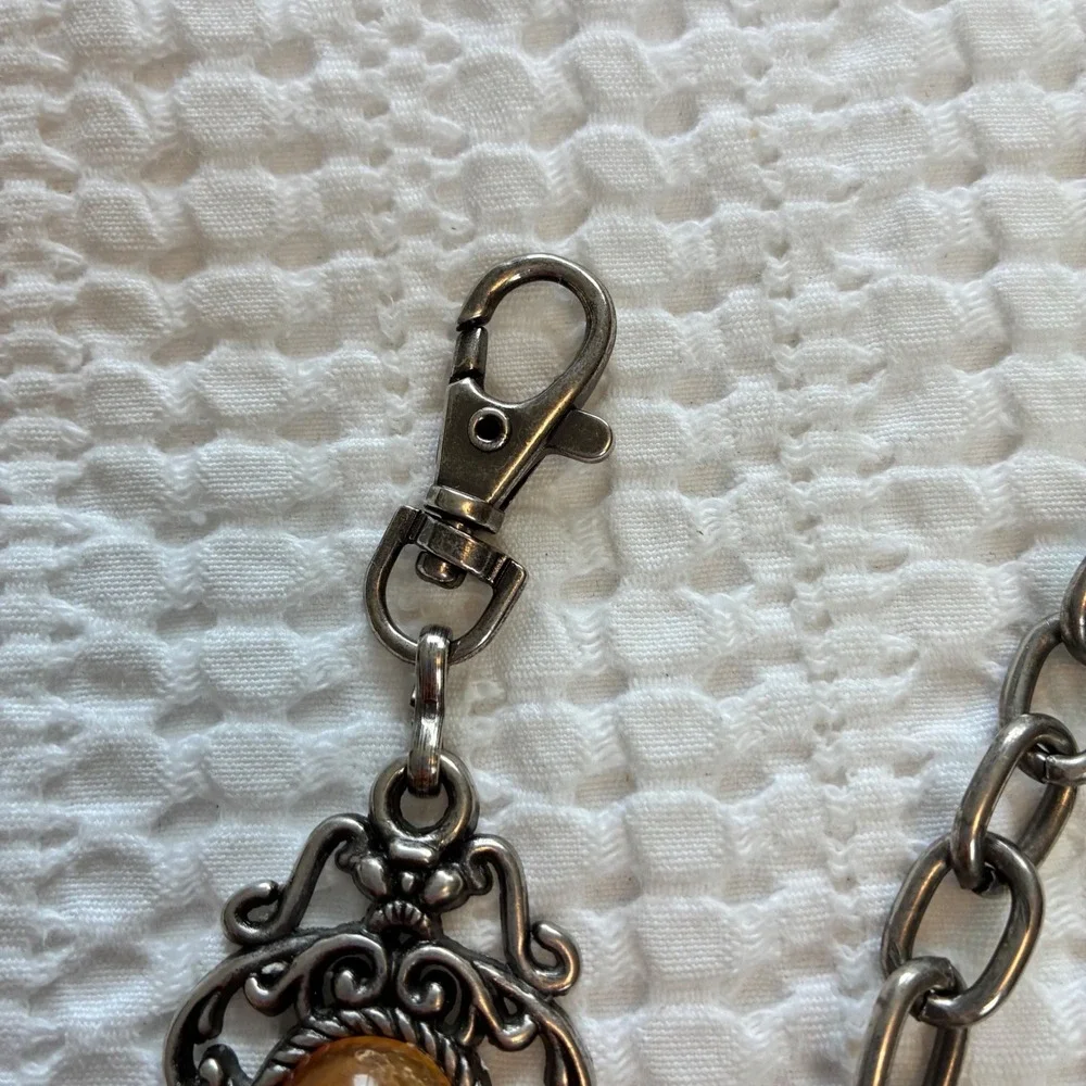 Y2K Silver Filigree Belt Metal Chain Amber Resin Romantic Low Slung Adjustable